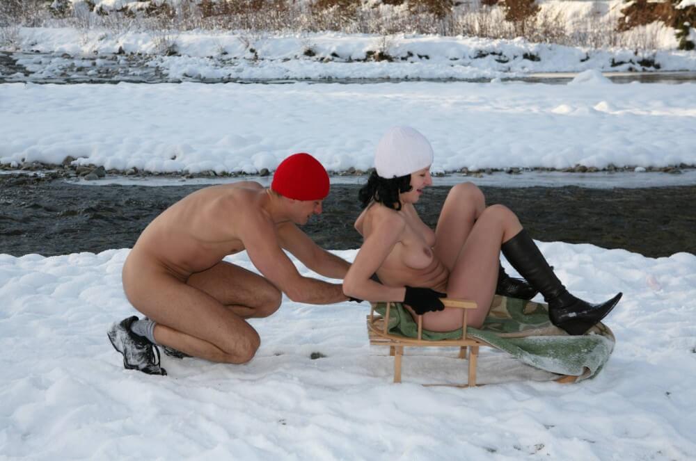Naturist Girl Snow Day Couples Sled pics - Nudity should be natural